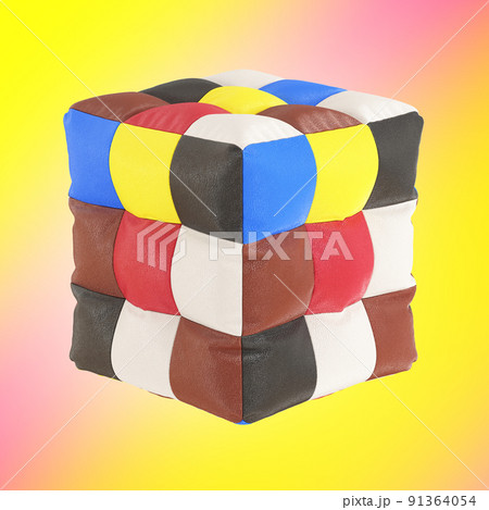 Leather pouf with a multicolor square pattern on an isolated background. 3d rendering 91364054