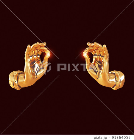 Two golden hands with glow in the fingers on a burgundy background. 3d rendering 91364055