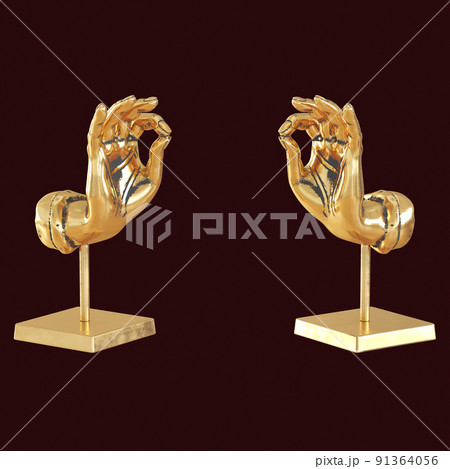 Two golden hands on stands show the ok gesture with their fingers on a burgundy background. 3d rendering Two golden hands on stands show the ok gesture with their fingers on a burgundy background. 3d rendering 91364056