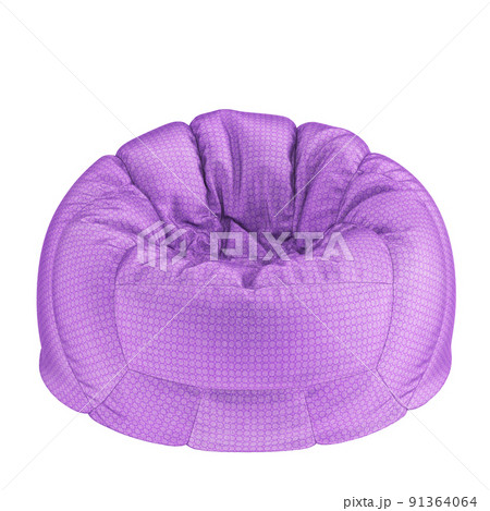 Purple soft fabric armchairbag with a pattern of circles on a white background. 3d rendering 91364064