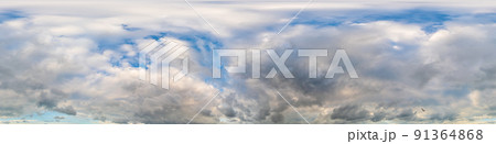 Sky panorama before rain with heavy Cumulonimbus clouds. Hdr seamless spherical equirectangular 360 panorama. Sky dome or zenith for 3D visualization and sky replacement for aerial drone 360 panoramas 91364868