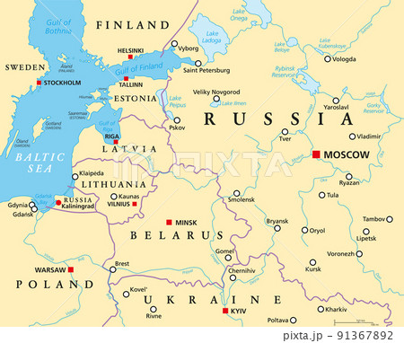 Baltic States and Kaliningrad, political map. From Finland to Estonia, Latvia and Lithuania, to Poland, and from the Russian exclave Kaliningrad Oblast, to Belarus, and to the European Part of Russia. 91367892