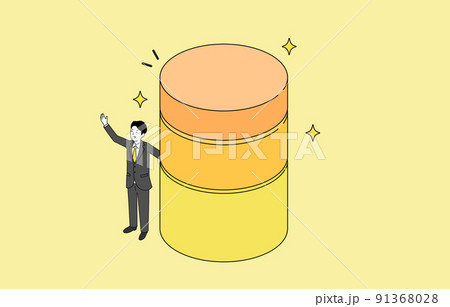 3つ積まれた円柱と喜ぶ人物のイラスト、3階建てのイメージイラスト、ベクター 3つ積まれた円柱と喜ぶ人物のイラスト、3階建てのイメージイラスト、ベクター 91368028