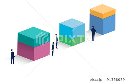 二つ積まれた長方形と人々のイラスト、二階建てのイメージイラスト、ベクター 91368029