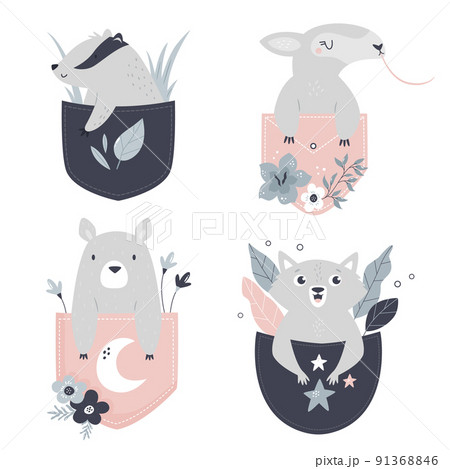 Vector illustrations of a cute bear, anteater, badger and wolf sitting in little pockets 91368846