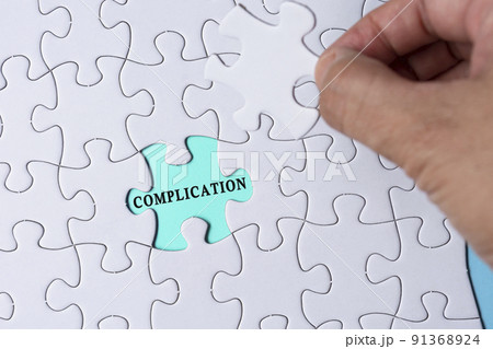 Person's Hand Holding Piece Of Puzzle With Word Complication. Person's Hand Holding Piece Of Puzzle With Word Complication. 91368924