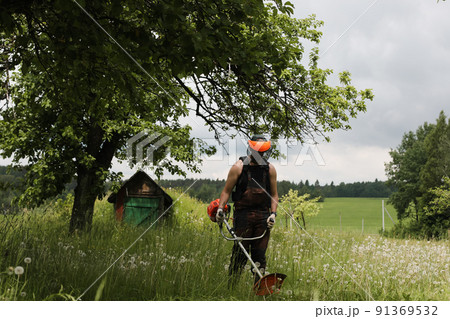 Man mowing tall grass with petrol lawn trimmer in the garden or backyard. Process of lawn trimming with hand mower 91369532