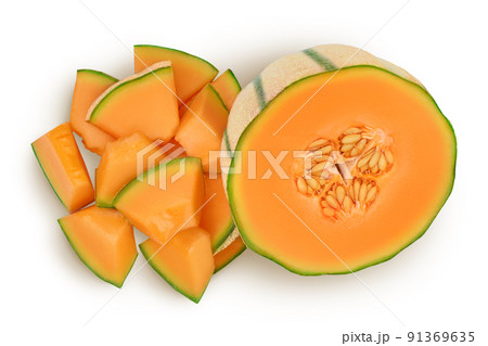 Cantaloupe melon isolated on white background with full depth of field. Top view. Flat lay Cantaloupe melon isolated on white background with full depth of field. Top view. Flat lay 91369635