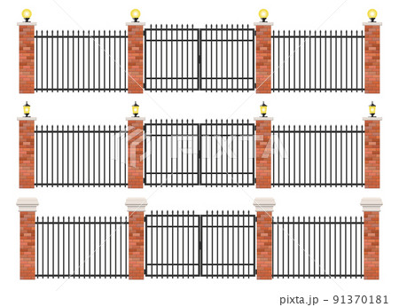 Realistic brick and steel fence set Realistic brick and steel fence set 91370181