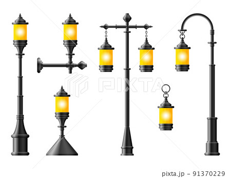 Set of black realistic street light. Street lamp. Vintage lamp 91370229
