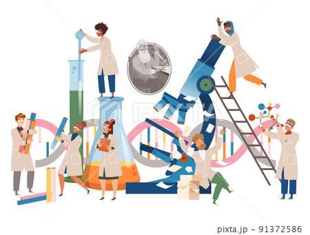 People Scientist with Huge Microscope and Glass Flask Conducting Scientific Research Vector Illustration 91372586