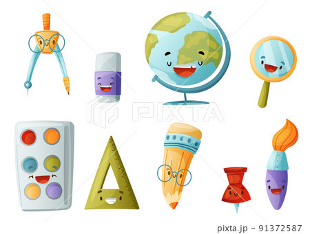 Funny School Items with Smiling Faces as Cartoon Education Supply Vector Set 91372587