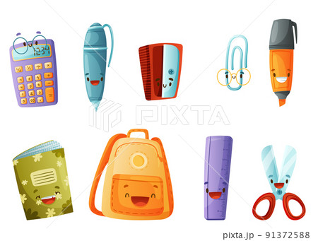 Funny School Items with Smiling Faces as Cartoon Education Supply Vector Set 91372588