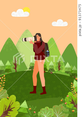 Photographer Lady with Big Camera Lens Nature 91373475