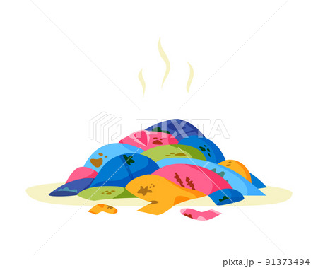 Pile of clothes on floor. Heap of dirty stinky laundry. Stack of dirty smelly apparel on laundry day. Wardrobe mess. Flat illustration. Pile of clothes on floor. Heap of dirty stinky laundry. Stack of dirty smelly apparel on laundry day. Wardrobe mess. Flat illustration. 91373494