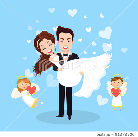 Wedding Postcard, Groom and Bride, Couple Vector Wedding Postcard, Groom and Bride, Couple Vector 91373506