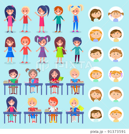 Lesson in School, Students Sitting by Desks Set Lesson in School, Students Sitting by Desks Set 91373591