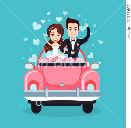 Newlywed Couple Riding Car Waving Hands Vector 91373607