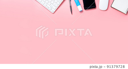 Top view, Pink office desk with keyboard, smart phone, Notebook, pen and Cup of coffee, copy space, Mock up.. Top view, Pink office desk with keyboard, smart phone, Notebook, pen and Cup of coffee, copy space, Mock up.. 91379728