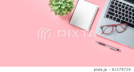 Top view, Blue Office desk with computer, Pen, eyeglass and notebook, copy space, Mock up.. 91379729