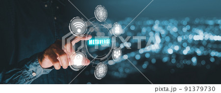 Metaverse Technology concepts, Person hand touching metaverse virtual icon diagram, Visualization and simulation, 3D, AR, VR, Innovation. 91379730