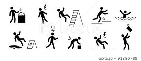 Accident pictogram man icon. Work safety, injury caution, hazard pictogram sign set. Warning, danger icon stick man Accident pictogram man icon. Work safety, injury caution, hazard pictogram sign set. Warning, danger icon stick man 91380789
