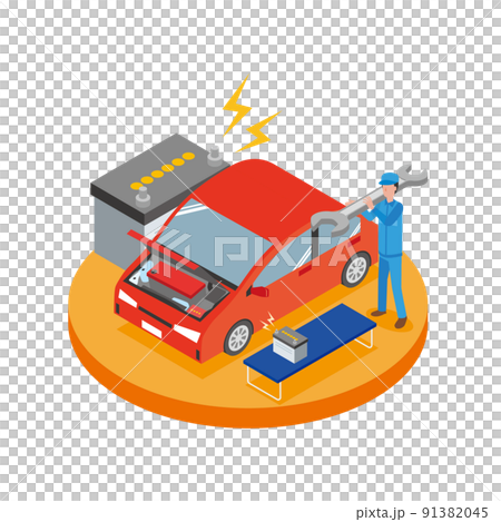 Workers replacing car batteries 91382045
