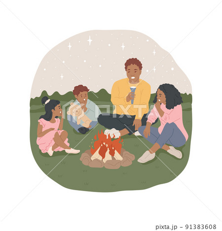 Scary campfire stories isolated cartoon vector illustration. Camping in the nature, campfire fun, father telling scary story to children, family spending night near bonfire vector cartoon. Scary campfire stories isolated cartoon vector illustration. Camping in the nature, campfire fun, father telling scary story to children, family spending night near bonfire vector cartoon. 91383608