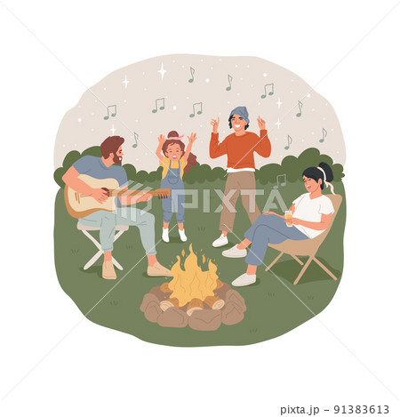 Guitar campfire songs isolated cartoon vector illustration. Parent plays guitar, family sitting near campfire, singing song together, camping night activity, summer holiday vector cartoon. Guitar campfire songs isolated cartoon vector illustration. Parent plays guitar, family sitting near campfire, singing song together, camping night activity, summer holiday vector cartoon. 91383613