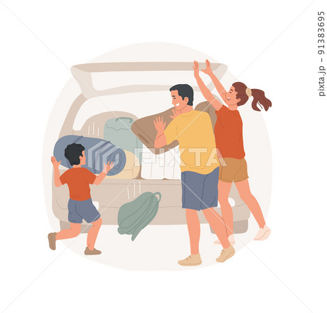 Funny packing isolated cartoon vector illustration. Family members put backpacks in car, bags do not fit, pressing luggage, loading the trunk, going on holiday trip, having fun vector cartoon. Funny packing isolated cartoon vector illustration. Family members put backpacks in car, bags do not fit, pressing luggage, loading the trunk, going on holiday trip, having fun vector cartoon. 91383695