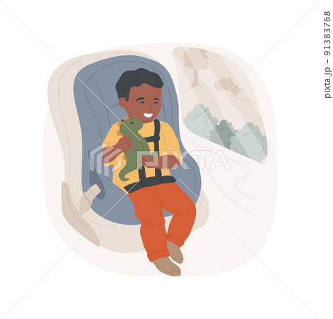 Driving to kindergarten isolated cartoon vector illustration. Child on a back seat holding a toy, car seat for toddler, driving with kids, way to kindergarten, family routine vector cartoon. 91383768