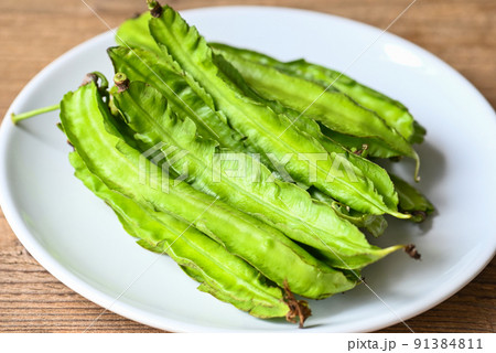 Winged Bean on white plate background, Psophocarpus tetragonolobus - Green winged or Four angle beans Winged Bean on white plate background, Psophocarpus tetragonolobus - Green winged or Four angle beans 91384811