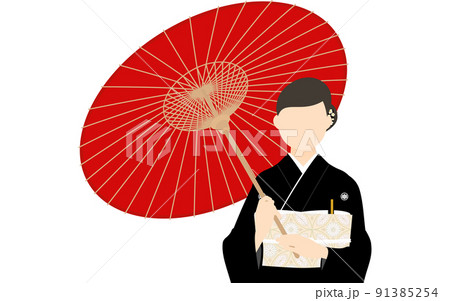黒留袖のシニア女性（和服姿）、番傘を持つ 91385254