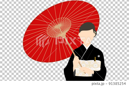 黒留袖のシニア女性（和服姿）、番傘を持つ 91385254