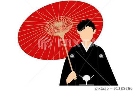 紋付袴の男性(和服姿)、番傘を持ってポーズを取る 紋付袴の男性(和服姿)、番傘を持ってポーズを取る 91385266