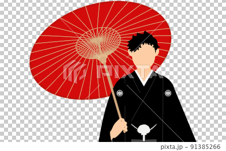 紋付袴の男性(和服姿)、番傘を持ってポーズを取る 紋付袴の男性(和服姿)、番傘を持ってポーズを取る 91385266