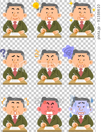 九種不同的西裝中年男子填寫文件的面部表情 91386610