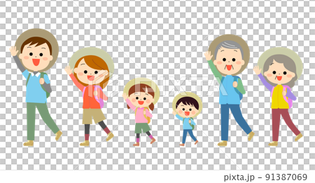 元気にハイキングへ行く家族 91387069