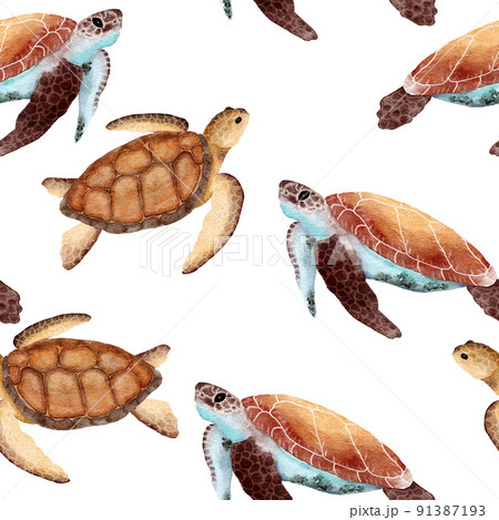 Hand drawn watercolor seamless pattern with turtle tortoise. Sea ocean marine animal, nautical underwater endangered mammal species. Blue gray illustration for fabric nursery decor, under the sea Hand drawn watercolor seamless pattern with turtle tortoise. Sea ocean marine animal, nautical underwater endangered mammal species. Blue gray illustration for fabric nursery decor, under the sea 91387193