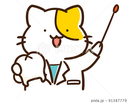歯の模型を持って教鞭をとるかわいい医者ねこのデフォルメイラスト 91387779