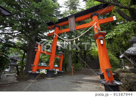 Red pole Torii entrance gate in path way up to Chureito pagoda fuji best mountain viewpoint with colorful autumn foliage leaf in Shimoyoshida Japan. 91387944