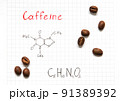Chemical formula of Caffeine with some grains coffee. Close-up. 91389392