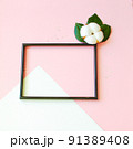 Summer modern composition. Black photo frame, green leaves and flower cotton of tree on pastel pink background. Flat lay, top view, copy space 91389408