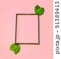 Summer modern composition. Black frame, green leaves on pastel pink background. Flat lay, top view, copy space 91389413