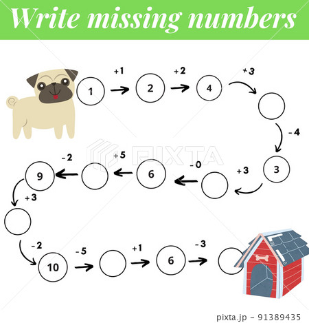 Mathematics educational game for children. Complete the row, write missing numbers. Solve the equation and help dog find kennel. Math activity for preschool kids and toddlers. Mathematics educational game for children. Complete the row, write missing numbers. Solve the equation and help dog find kennel. Math activity for preschool kids and toddlers. 91389435