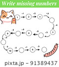 Mathematics educational game for children. Complete the row, write missing numbers. Solve the equation and help kitten find sausage. Math activity for preschool kids and toddlers. 91389437