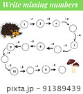 Mathematics educational game for children. Complete the row, write missing numbers. Solve the equation and help oyster find mushrooms. Math activity for preschool kids and toddlers. 91389439