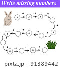 Mathematics educational game for children. Complete the row, write missing numbers. Solve the equation and help grey rabbit find green grass. Math activity for preschool kids and toddlers. 91389442