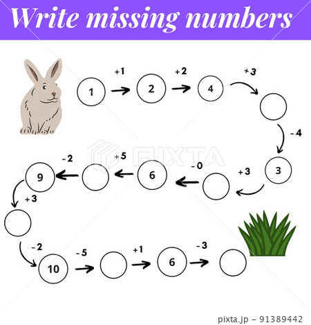 Mathematics educational game for children. Complete the row, write missing numbers. Solve the equation and help grey rabbit find green grass. Math activity for preschool kids and toddlers. Mathematics educational game for children. Complete the row, write missing numbers. Solve the equation and help grey rabbit find green grass. Math activity for preschool kids and toddlers. 91389442