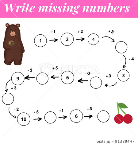 Mathematics educational game for children. Complete the row, write missing numbers. Solve the equation and help brown bear find cherry. Math activity for preschool kids and toddlers. Mathematics educational game for children. Complete the row, write missing numbers. Solve the equation and help brown bear find cherry. Math activity for preschool kids and toddlers. 91389447
